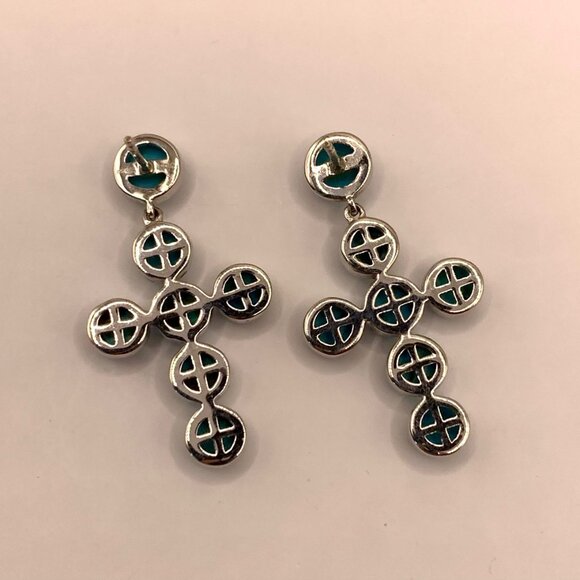 Turquoise Sterling Silver Robins Egg Blue Pierced Cross Earrings KHR 925 J876 - Picture 4 of 6